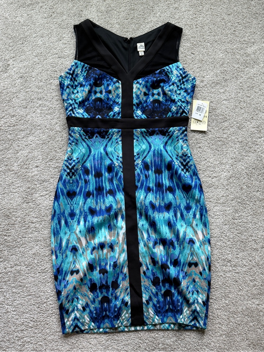 NWT Sleeveless V-Neck Blue Patterned Sheath Dress sz 12